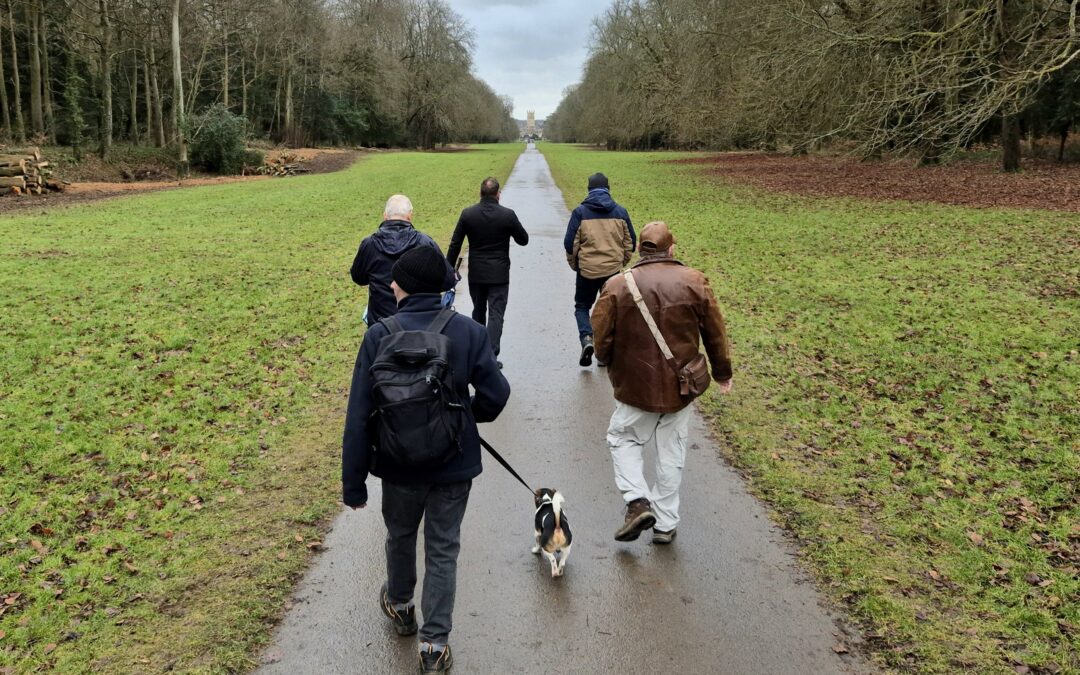 A group of people walking in the park with a dog as part of a wellbeing walk with The Churn Project.